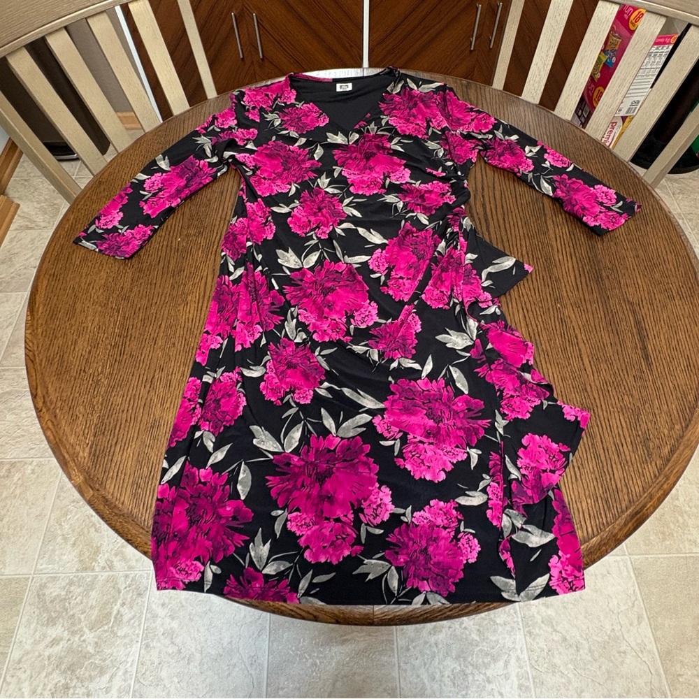 Anne Klein Women’s Black Dress Pink Flowers 3/4 Sleeve Floral Dress Size 12